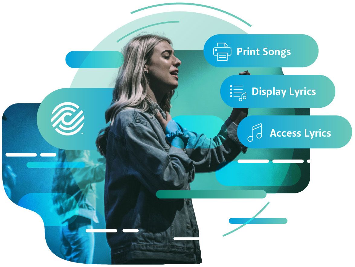 Graphic of Women singing in a worship service representing the copy activity of displaying lyrics, printing songs, and accessing lyrics